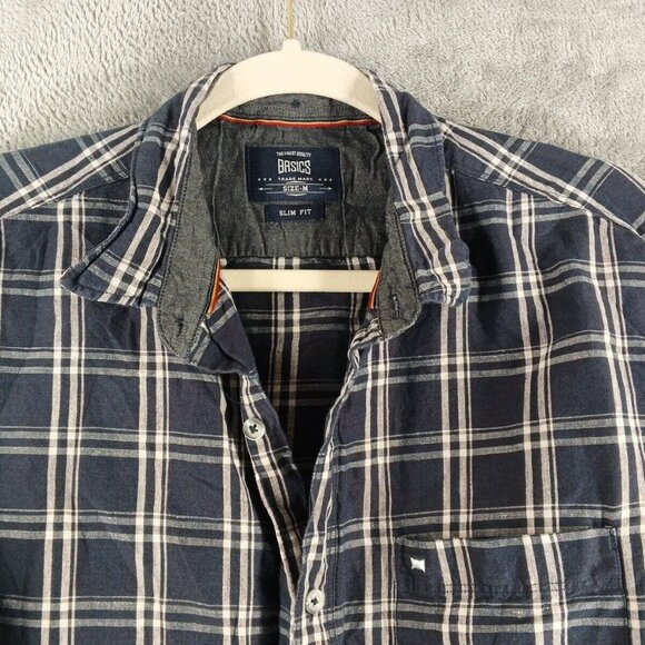 BASICS Men's Plaid Shirt (not flannel) Long Sleeve Navy Blue Size M Slim Fit - Picture 3 of 12